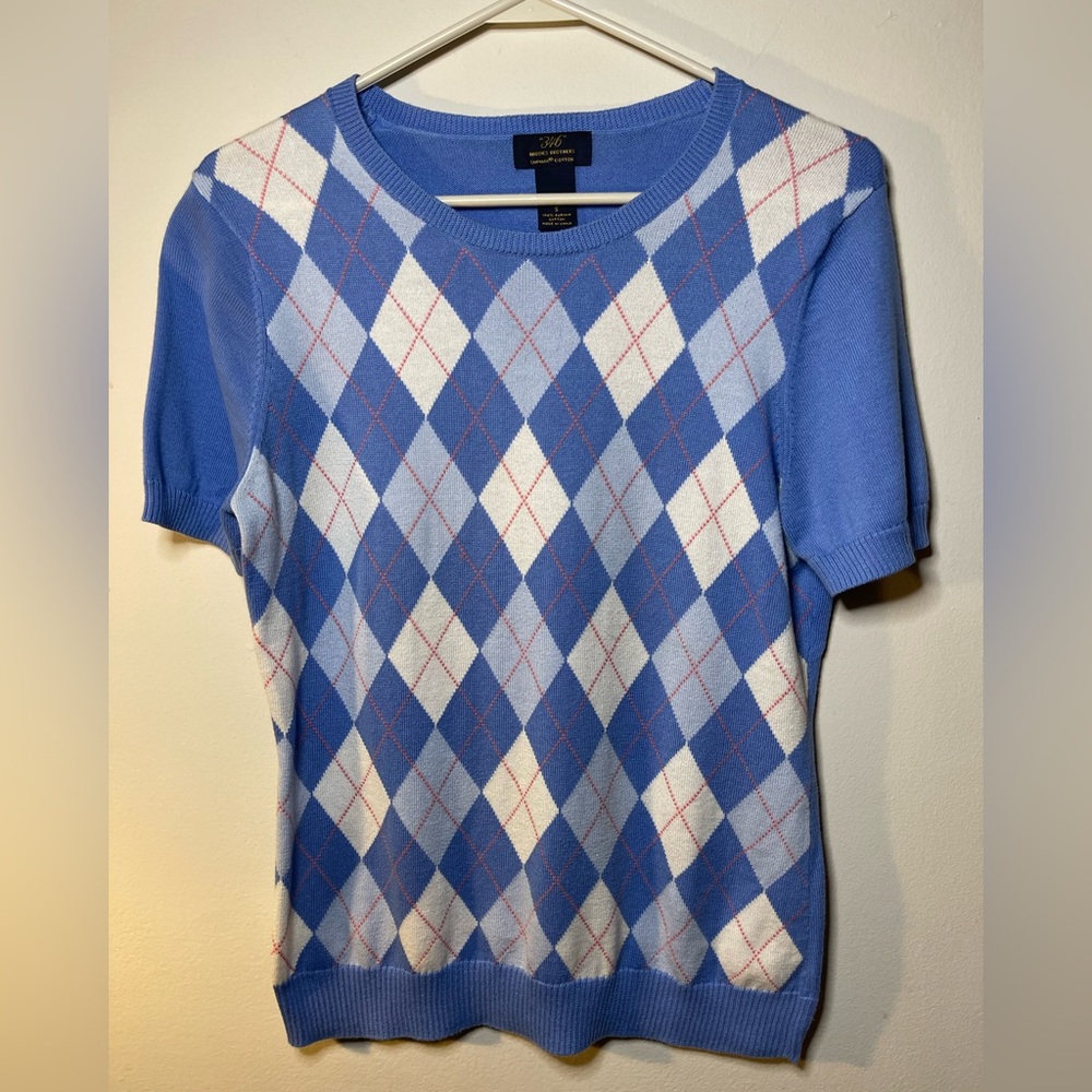 Brooks Brothers blue pink Argyle SS sweater 💯Pima cotton